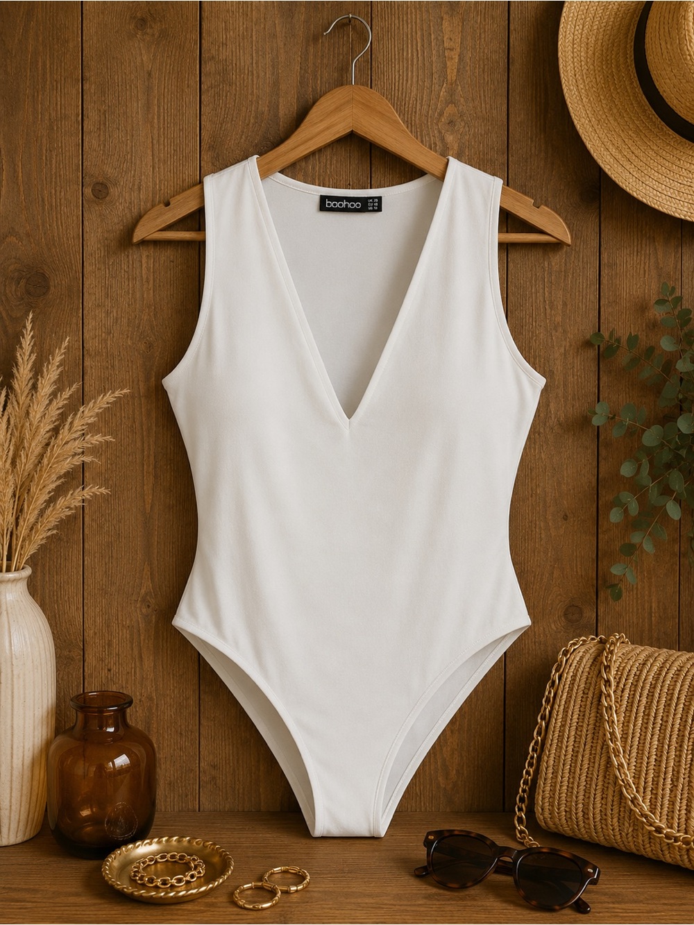 Boohoo White Surplice V-Neck Bodysuit Size 20 | Sleeveless Stretch Top
